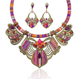 Bib Necklace Set Colorful Ethnic Chunky Earrings Vintage Tribal Necklace Pink